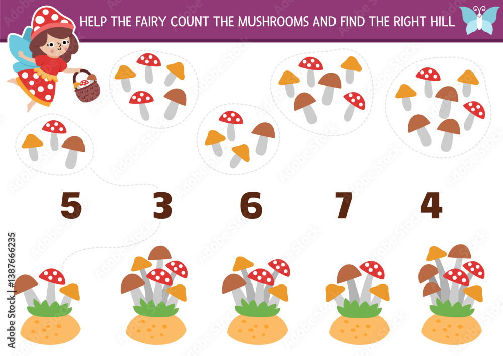 Fototapeta premium Match the numbers fairyland game with fairy gathering mushrooms. Woodland princess math activity for preschool kids. Fairytale educational counting worksheet with toadstools and fly agarics