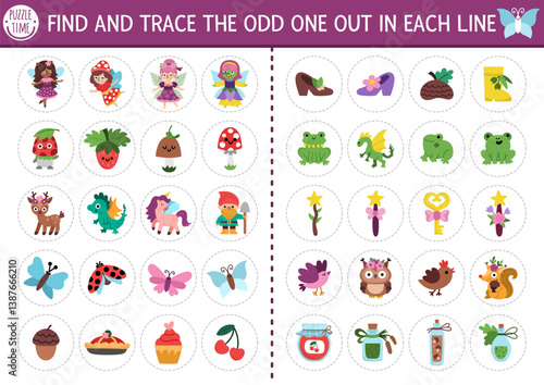 Find the odd one out. Fairyland logical activity for kids. Magic forest educational quiz worksheet for attention skills. Printable game with cute fairy attributes, fantasy animals, fairytale objects