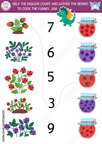 Match the numbers fairyland game with dragon cooking marmalade. Woodland fairy garden math activity for preschool kids. Fairytale educational counting worksheet with berries, jam jars