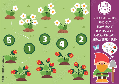 Match the numbers fairyland game with dwarf counting flowers and strawberries. Woodland fairy garden math activity for preschool kids. Fairytale educational counting worksheet