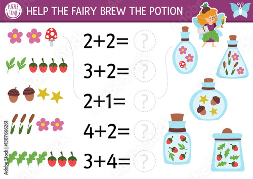 Match the numbers fairyland game with fairy brewing potion. Woodland princess math activity for preschool kids. Fairytale educational counting, matching worksheet with acorn, berry, flower