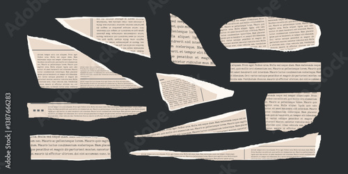 Collage Set elements for scrapbook. Trendy retro vintage paper cut, notebook sheet. Old rip torn collection. Craft retro gazettes, grunge newspaper sticker collection. Isolated Vector illustration.