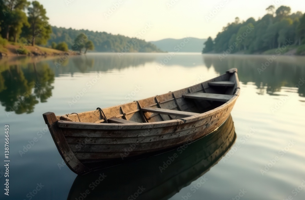 Serene wooden rowboat on calm lake with forested mountains in misty morning light Serene wooden rowboat on calm lake with forested mountains in misty morning light