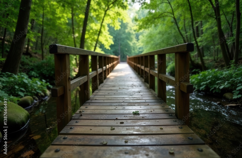 Serene wooden footbridge over stream in tranquil forest setting Serene wooden footbridge over stream in tranquil forest setting