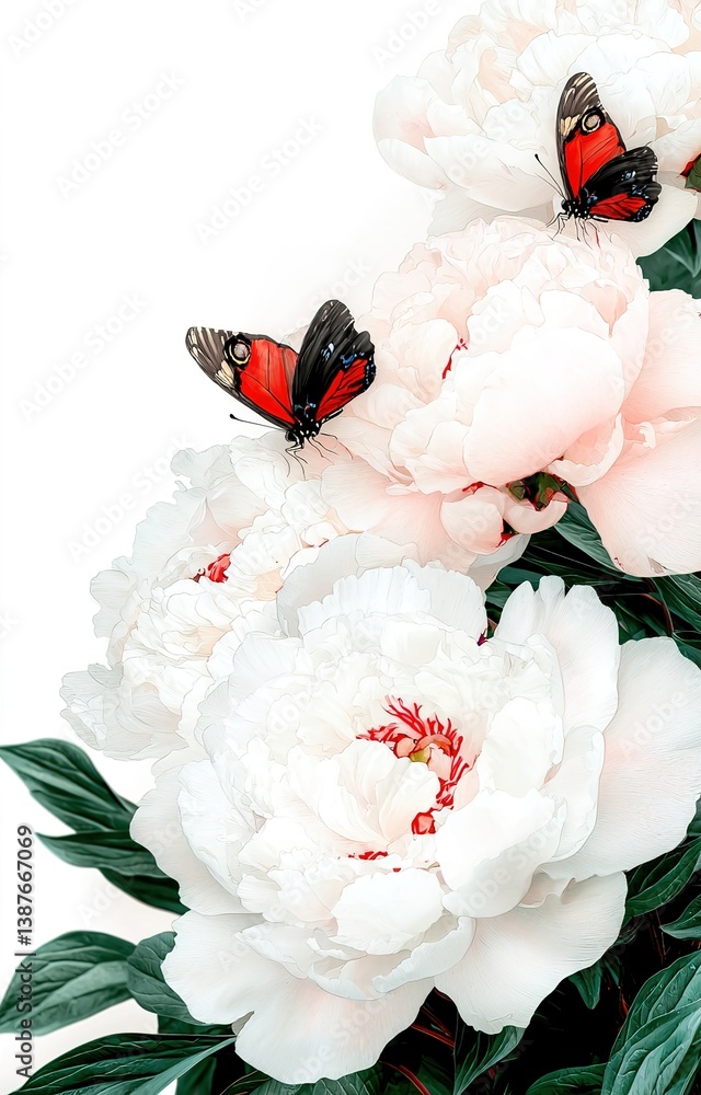 Chinese Painting Landscape with Peonies and Butterflies isolated background
