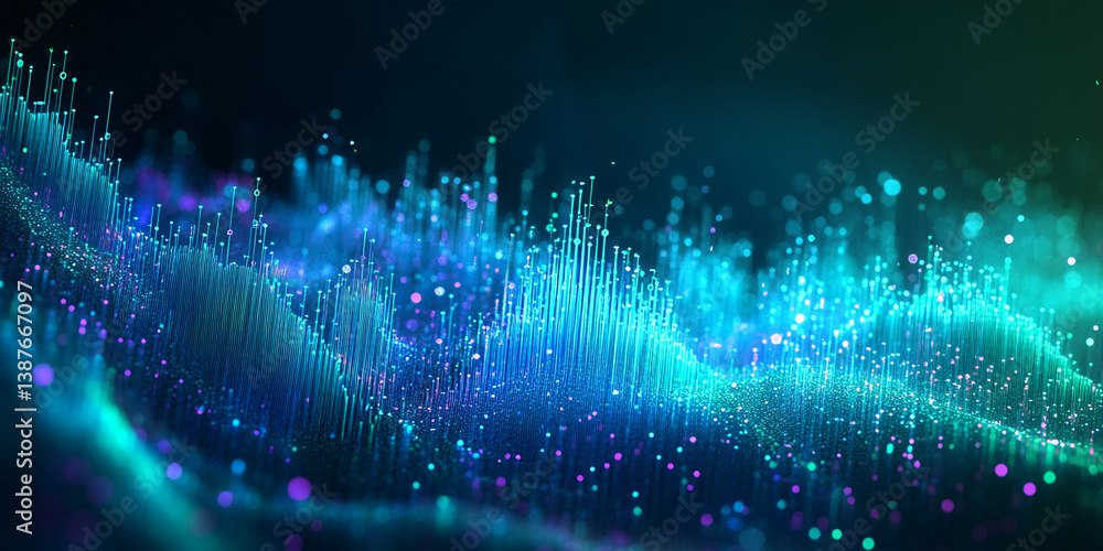Obraz premium Abstract blue and teal glowing particles form a dynamic wave, suggesting energy, technology, or data flow, ideal for tech or science concepts