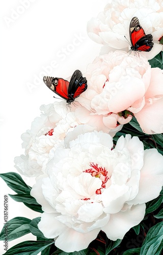 Obraz na płótnie Chinese Painting Landscape with Peonies and Butterflies isolated background w salonie