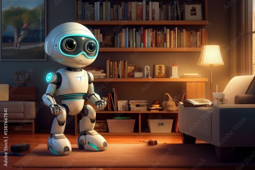 Innovative robot standing in a cozy living room showcasing advanced technologies of the future, blending seamlessly with modern home decor and lifestyle concept Innovative robot standing in a cozy living room showcasing advanced technologies of the future, blending seamlessly with modern home decor and lifestyle concept