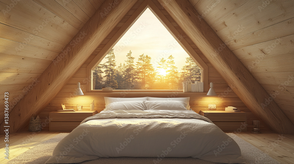 frame loft bedroom with warm wooden textures and soft lighting at sunset frame loft bedroom with warm wooden textures and soft lighting at sunset