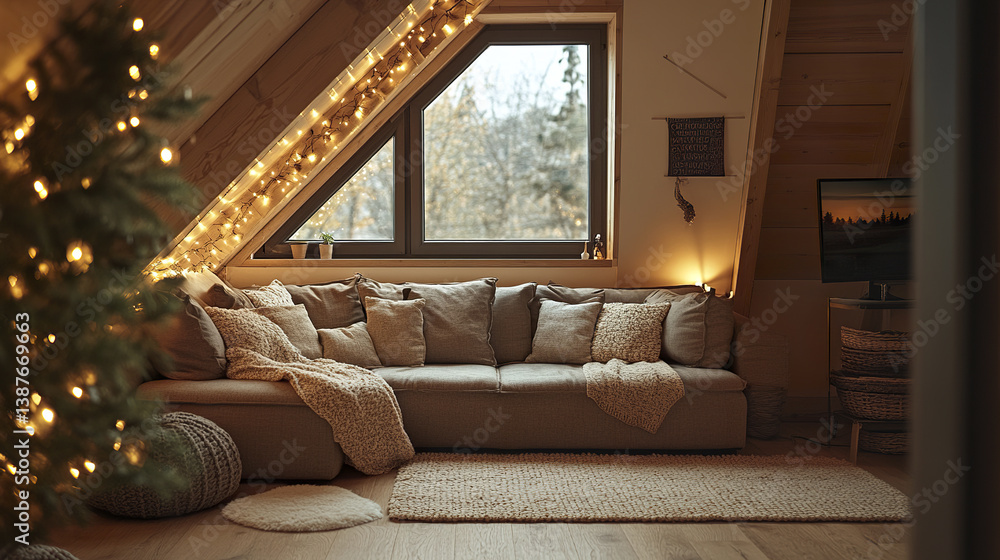 Fototapeta premium frame loft living room with cozy neutral couch and warm lighting