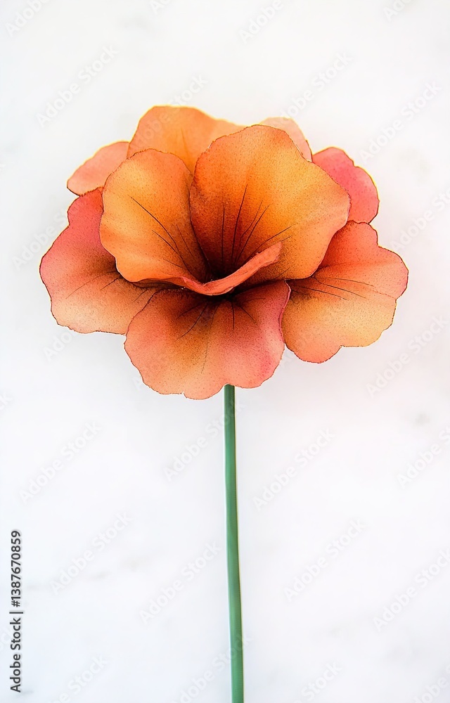 a single watercolor boho flowe with a log green stem on a white background isolated background