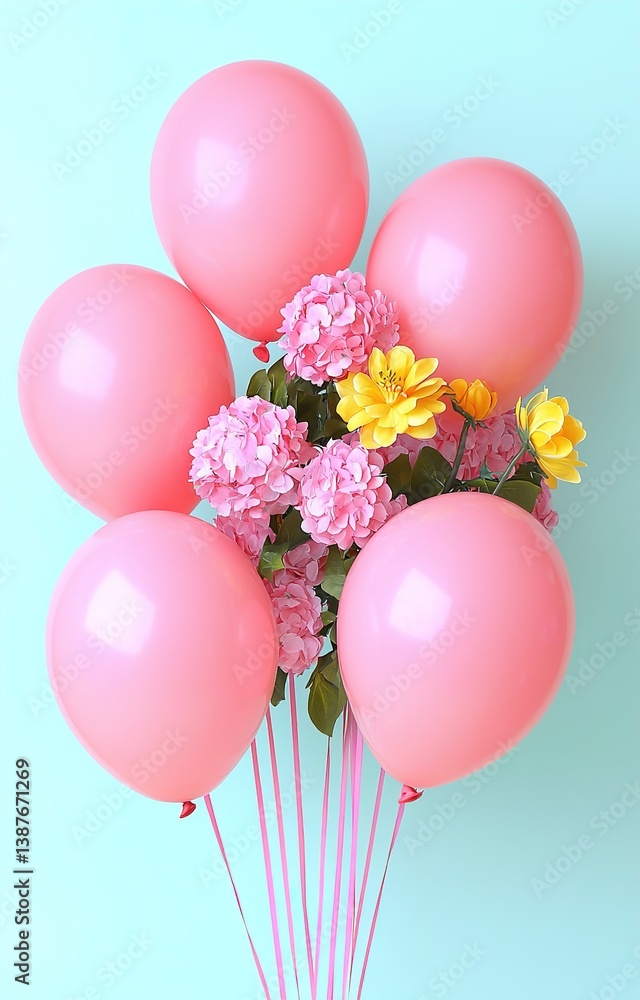Festive Pink Birthday Background with Balloons and Flowers isolated background