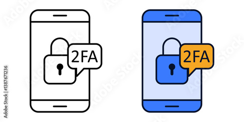 Two-factor authentication icon with smartphone and lock, showing 2FA security symbol in outline and color versions for cybersecurity and UI design.