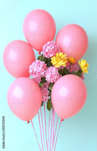 Obraz na płótnie Festive Pink Birthday Background with Balloons and Flowers isolated background w salonie