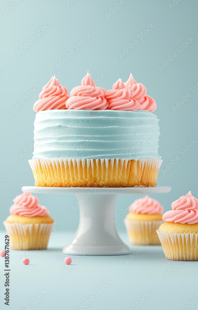 Pastel birthday decor with cake and cupcakes isolated background