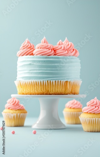 Obraz na płótnie Pastel birthday decor with cake and cupcakes isolated background w salonie