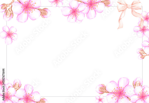 Hand drawn watercolor cherry blossom branch frame border. Illustration of flowers isolated on white background. Can be used for business card, scrapbook and other printed products.