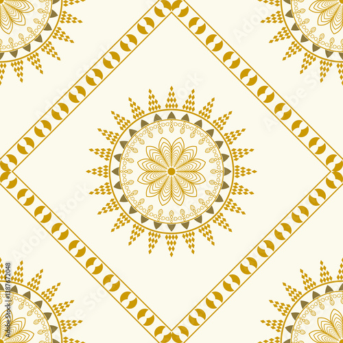 The image showcases a repeating pattern with a central golden mandala-like motif radiating intricate floral and geometric designs on a light cream background.