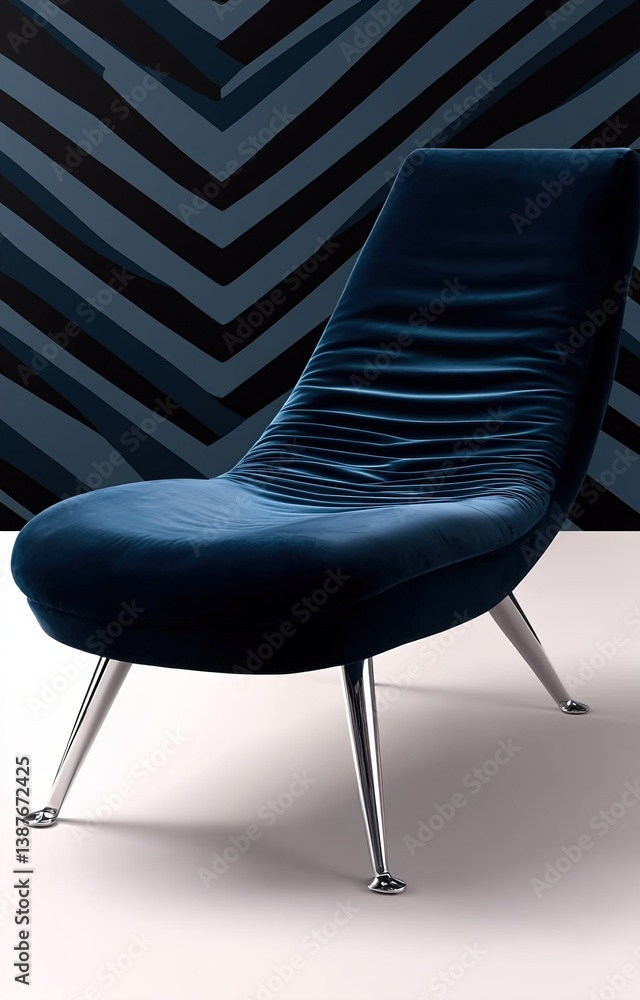 Art decoinspired velvet chaise lounge with a sleek silhouette and chrome accents, set against a bold geometric wallpaper
