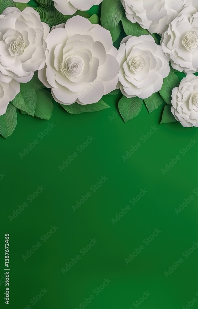 3d illustration, white paper flowers, green pastel decorative floral background, wedding wall decor