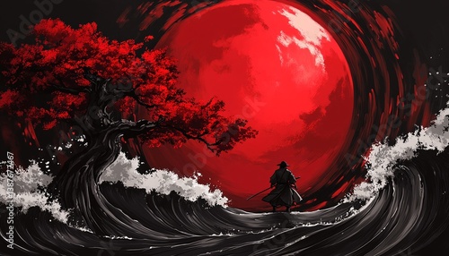 A lone samurai stands on a wave-tossed shore beneath a crimson moon, silhouetted against a dramatic, red sky.  A dark, windswept tree adds to the intense mood.