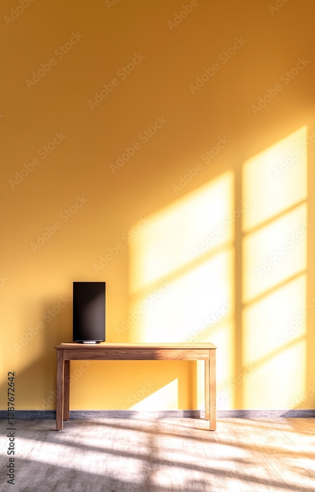 A computer placed on a table in a minimalist room with sunlight casting shadows on the wall.