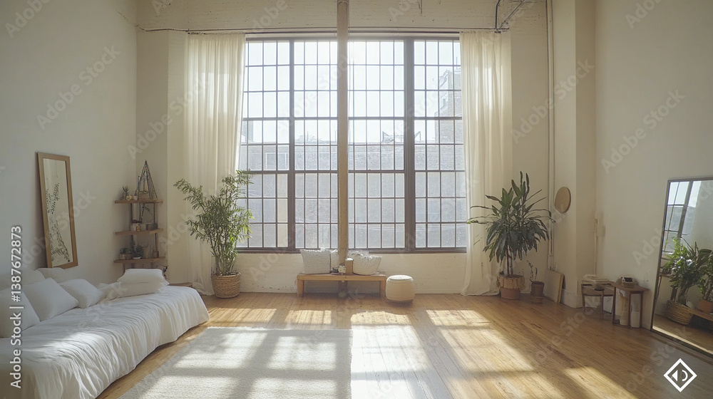 Fototapeta premium Bright and airy loft with high ceilings and large windows, creating serene atmosphere