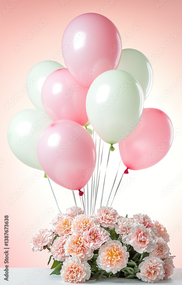 Festive Pink Birthday Background with Balloons and Flowers isolated background