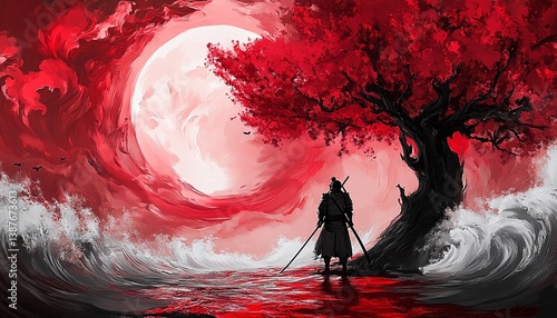 A lone samurai stands beneath a crimson tree, silhouetted against a dramatic red moon and crashing waves.  A scene of intense beauty and solitude.