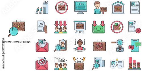 Unemployment simple concept 24 hand drawn color icons set. Contains such unemployment, unemployed, idled, recession, downsizing .Vector illustration.