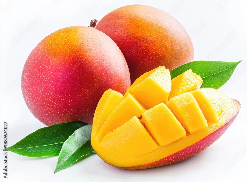 Fresh, ripe mangoes, whole and sliced, with vibrant color and green leaves. Juicy, delicious, tropical fruit Fresh, ripe mangoes, whole and sliced, with vibrant color and green leaves. Juicy, delicious, tropical fruit