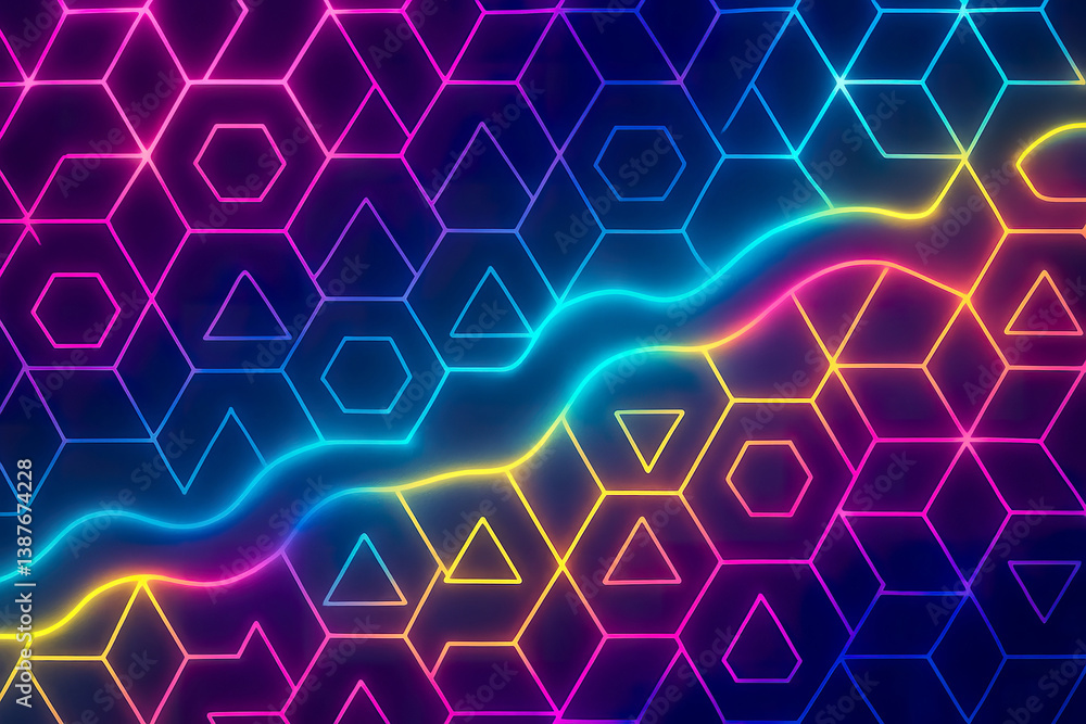Vibrant neon geometric grid pulsating across dark digital background with glowing symmetry