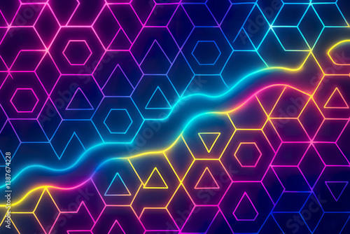 Obraz na płótnie Vibrant neon geometric grid pulsating across dark digital background with glowing symmetry w salonie