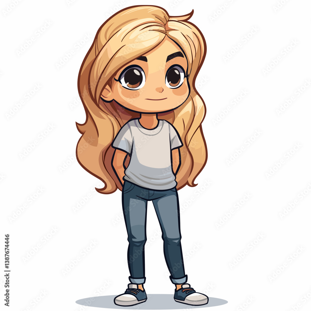 Cute cartoon little girl with long blonde hair. Vector illustration Cute cartoon little girl with long blonde hair. Vector illustration