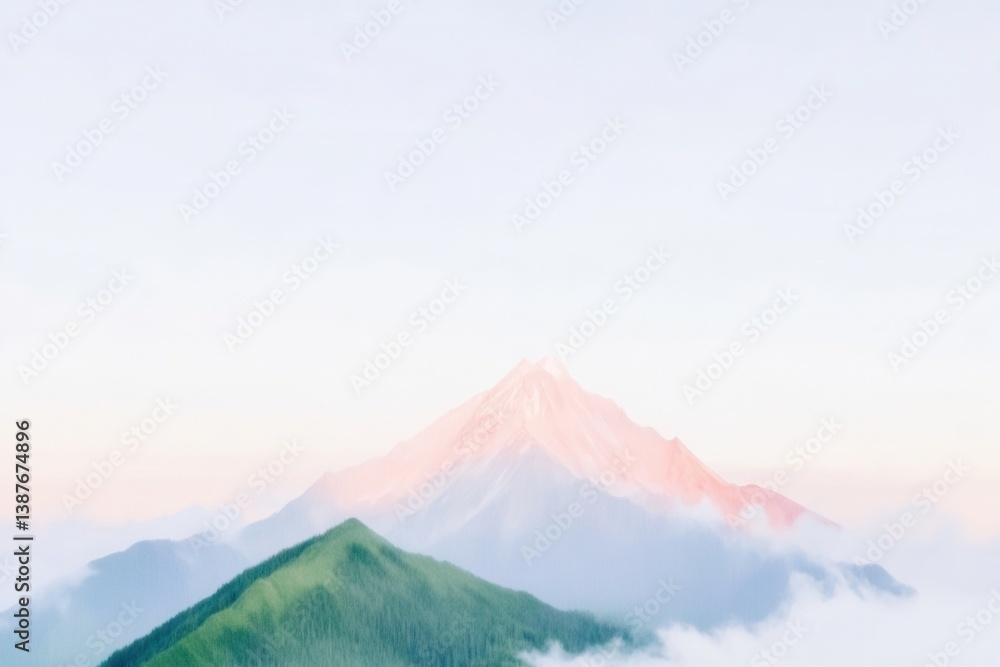 Obraz premium Serene sunrise over misty mountain peaks and lush green hills