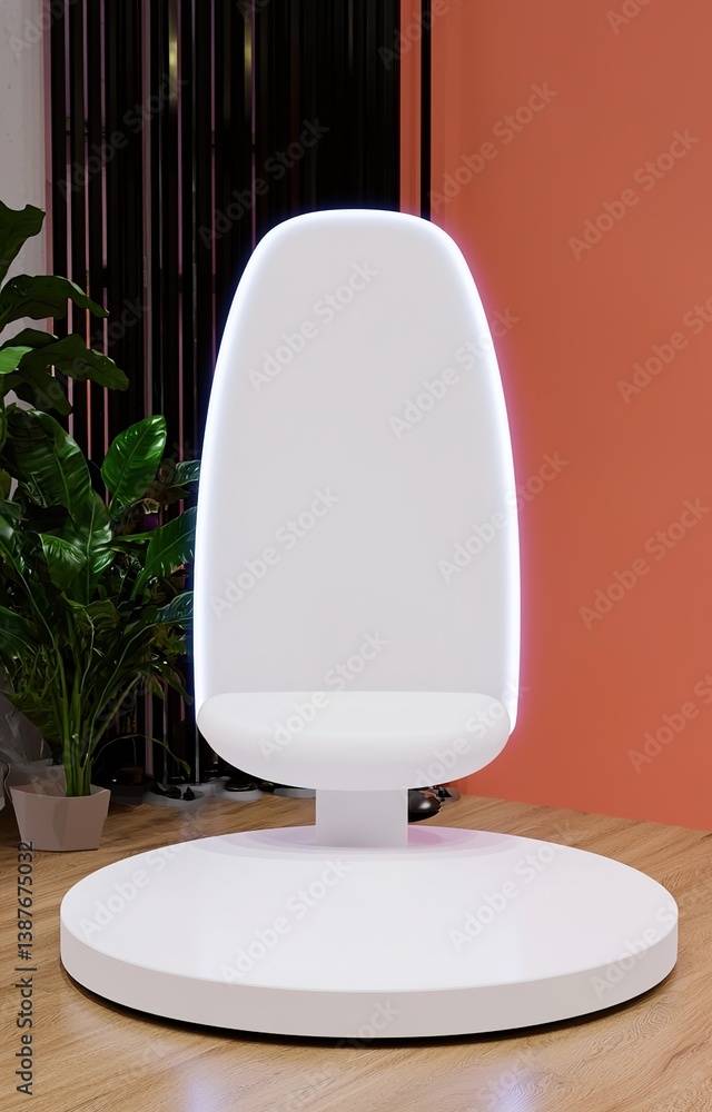 49. A sleek white podium with a glossy surface,