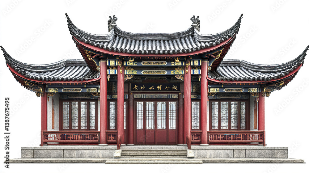 Obraz premium Traditional Chinese architecture with ornate roof and red pillars