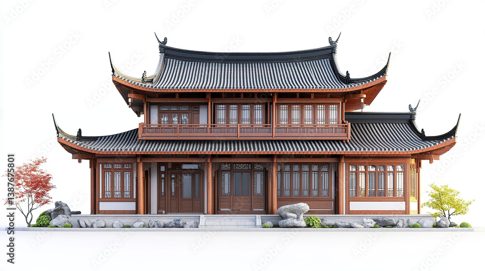Obraz premium Traditional Chinese house with curved roof and wooden details