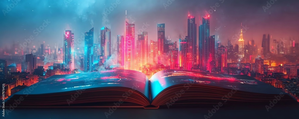 Vibrant city on an open book with skyscrapers, neon lights, and futuristic architecture, bursting with color and energy, 8K highresolution render Vibrant city on an open book with skyscrapers, neon lights, and futuristic architecture, bursting with color and energy, 8K highresolution render