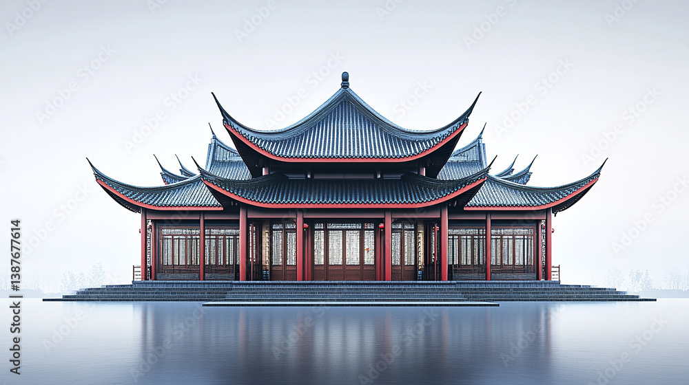 Obraz premium Traditional Chinese architecture with serene water reflection