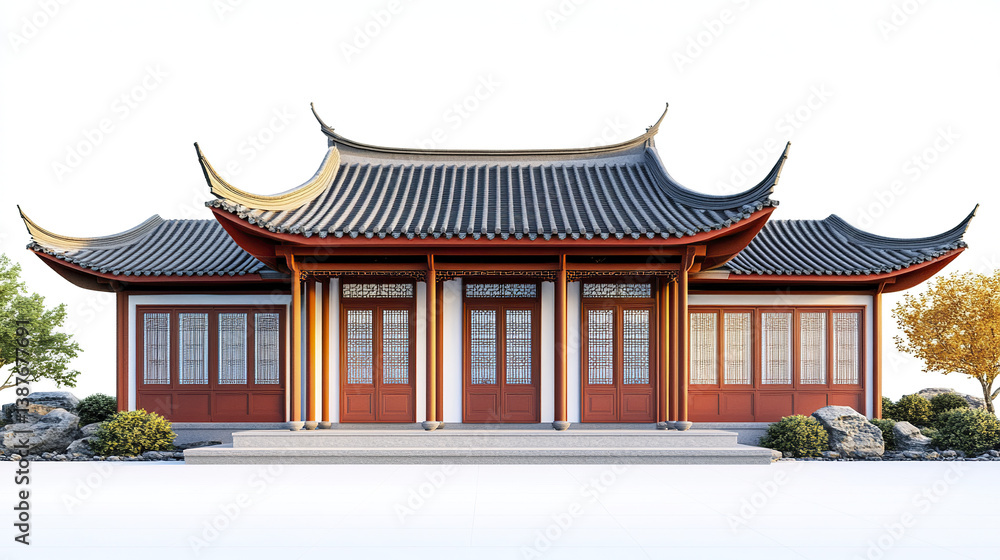 Traditional Chinese house with curved roof and wooden details Traditional Chinese house with curved roof and wooden details