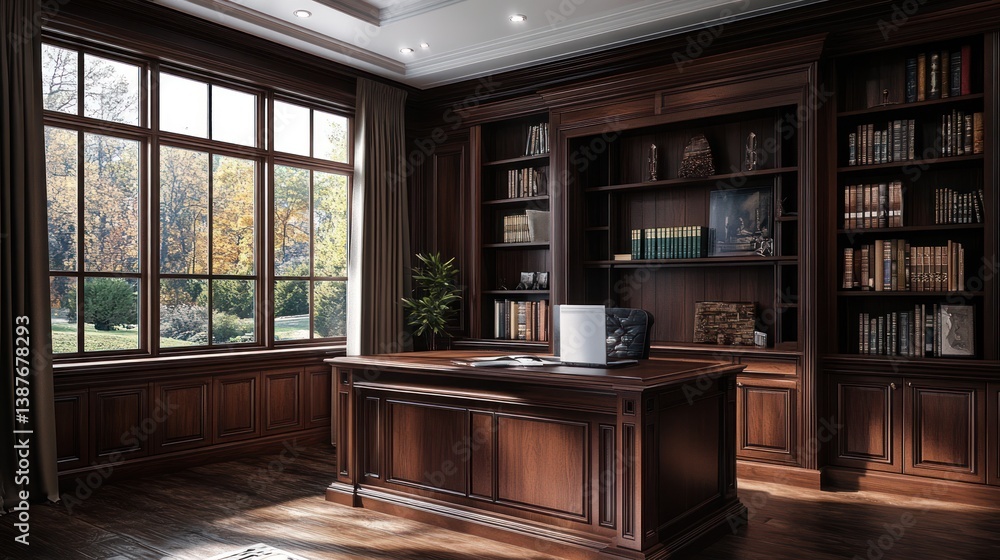 Luxurious study with large windows overlooking autumn garden. Interior design Luxurious study with large windows overlooking autumn garden. Interior design