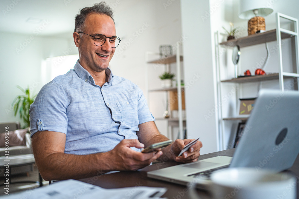 Fototapeta premium Middle aged Caucasian man online shopping at home