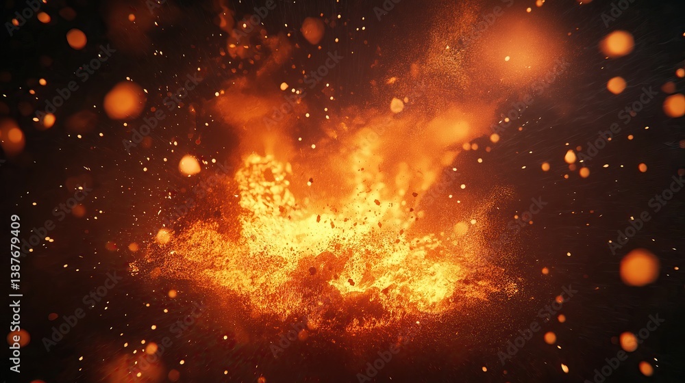 Obraz premium Realistic fireball explosion with glowing embers and dynamic flame blast