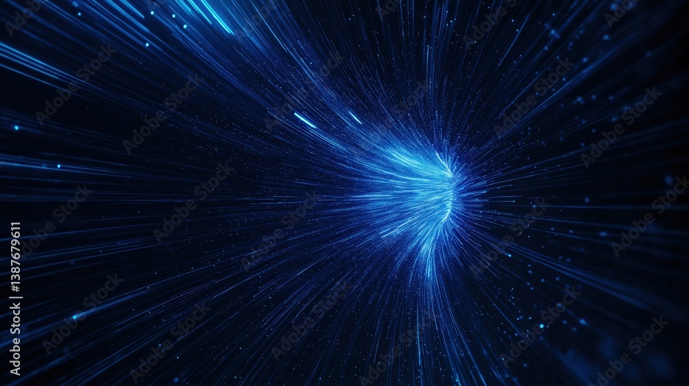 Dynamic space tunnel with light streaks and speed effect. Ideal for sci-fi, tech, and innovation visuals.