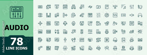 Audio icon set. Containing media, speaker, sound, speak and more. Thin outline icons pack. Voice icon collection. Minimalist editable stroke vector art.