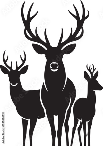 Graphic Silhouette Vector Black of wild, male, female, and roe deer . with white background