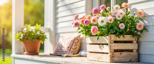 Delicate pastel flowers in wooden crate on farmhouse porch, cozy ambiance
