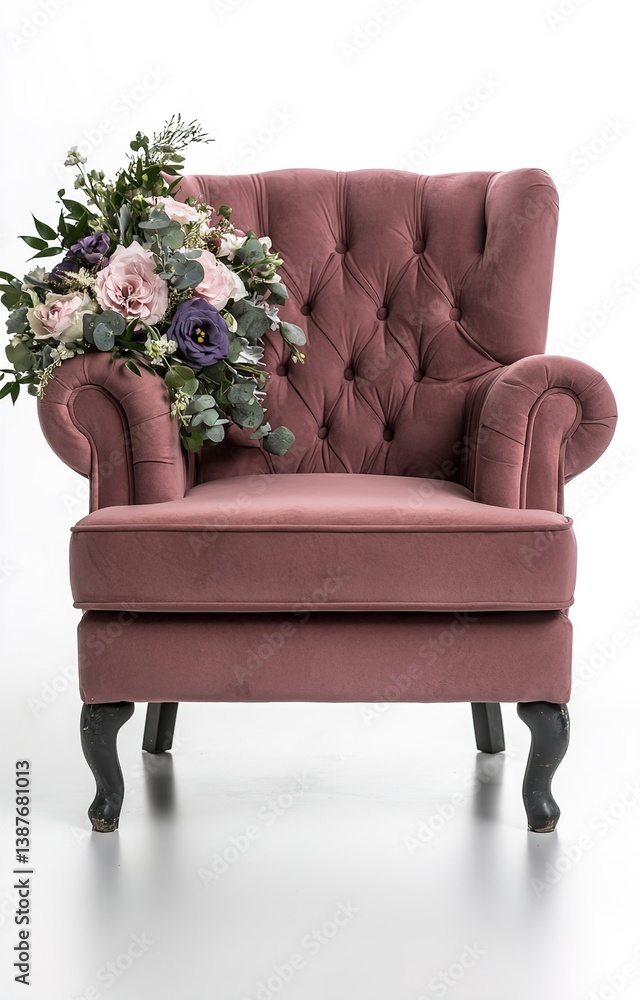 A pink chair with flowers and wedding decoration isolated background