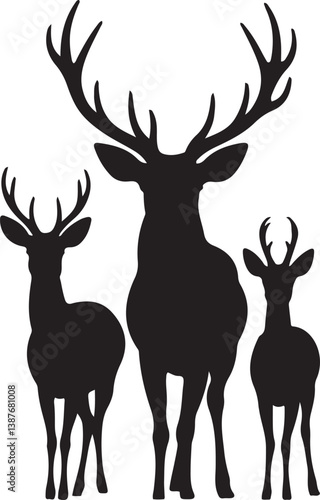 Graphic Silhouette Vector Black of wild, male, female, and roe deer . with white background